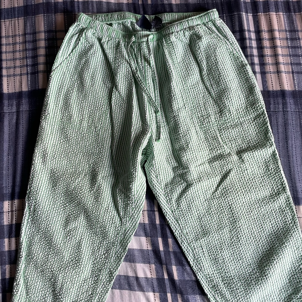Mountain Lake Green and white striped capris